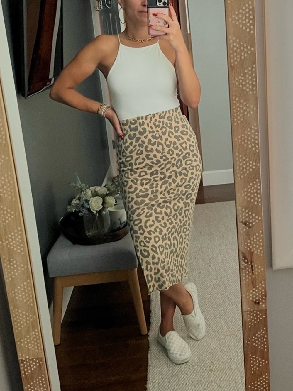 Ascot + Hart Gray Tan Leopard Print Ribbed Knit Maxi Skirt Size S